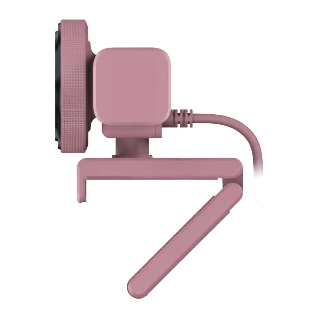 Webcam Razer Kiyo V2 X Full HD 1080p / 1440p 60fps Rosa, detalle lateral: clip de montaje, cable USB y lente texturizada