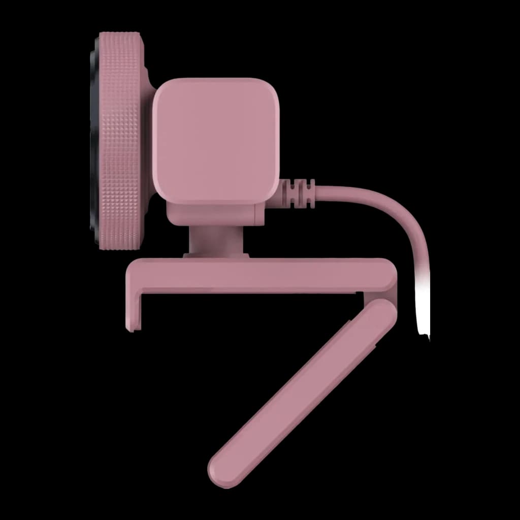 Webcam Razer Kiyo V2 X Full HD 1080p / 1440p 60fps Rosa, detalle lateral: clip de montaje, cable USB y lente texturizada