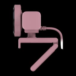 Webcam Razer Kiyo V2 X Full HD 1080p / 1440p 60fps Rosa, detalle lateral: clip de montaje, cable USB y lente texturizada