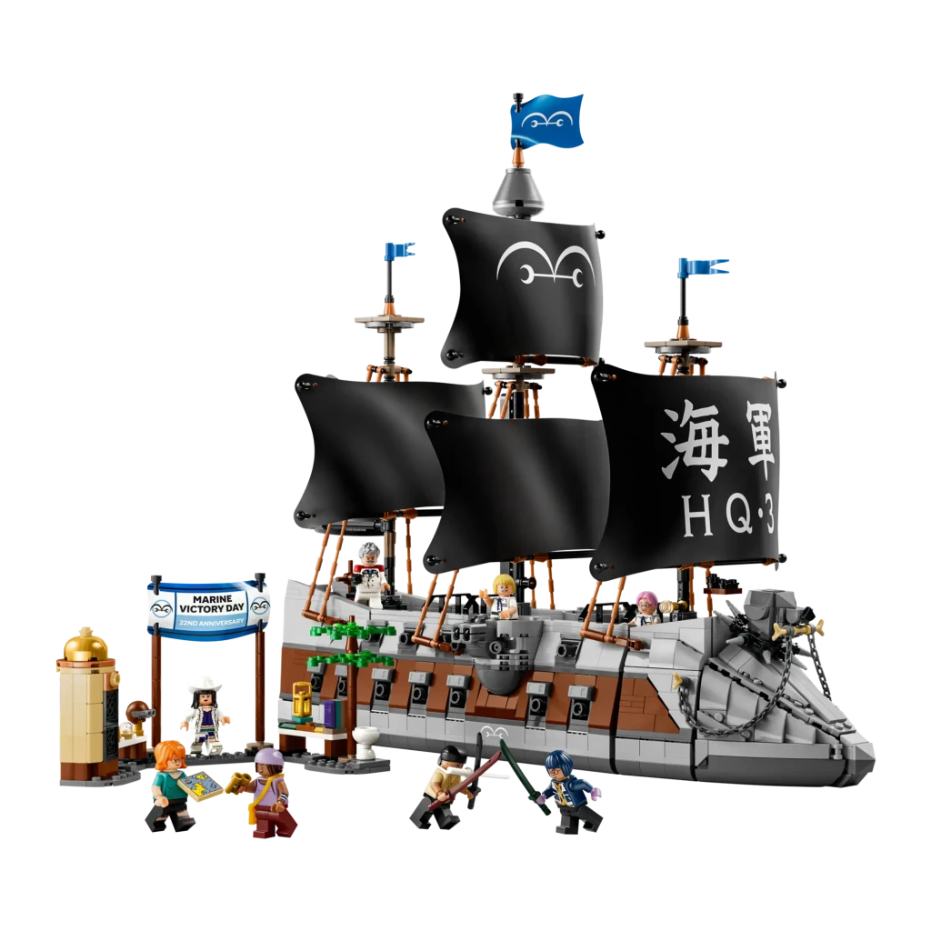 Set de construcción LEGO One Piece Barco de la Marina de Garp 75646 1705 piezas, vista frontal: velero negro con velas HQ·3