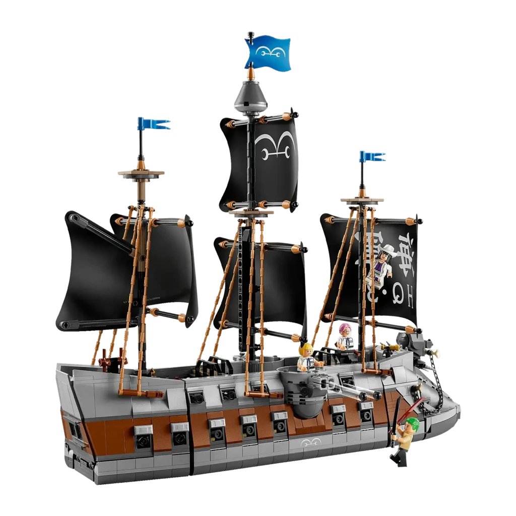 Set de construcción LEGO One Piece Barco de la Marina de Garp 75646 1705 piezas, detalle: velas negras con emblema marino