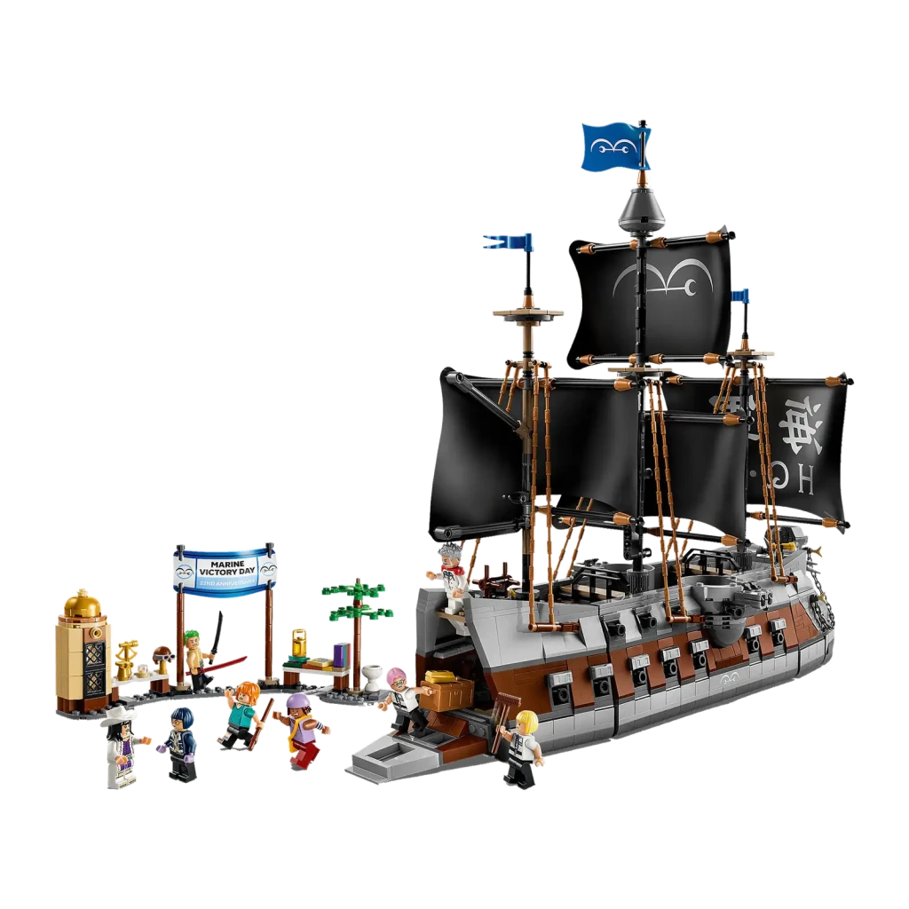 Set de construcción LEGO One Piece Barco de la Marina de Garp 75646 1705 piezas, detalle: velas negras con emblema, mástiles