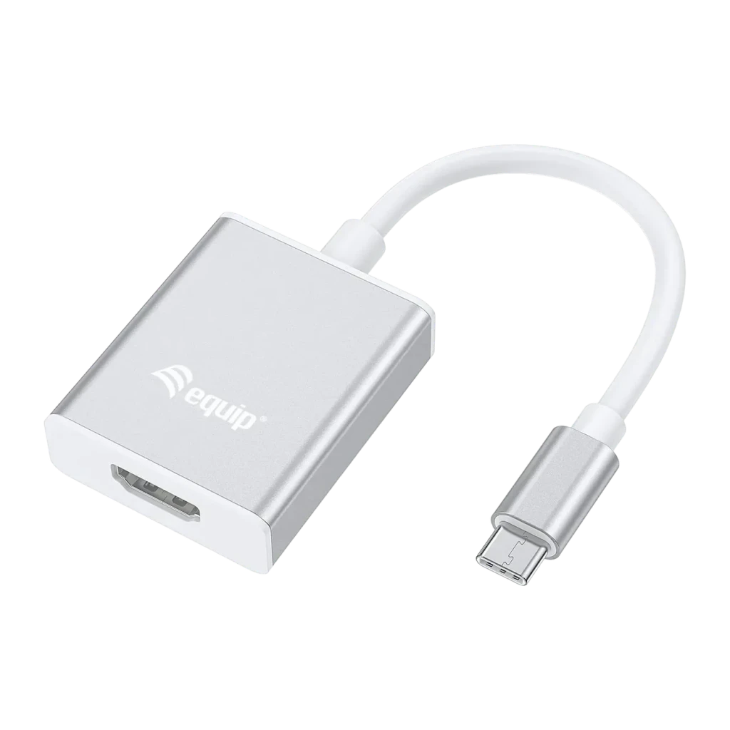 Adaptador Equip 133452 USB-C para HDMI 15cm 4K 3840x2160 Prata, vista frontal: corpo alumínio prateado com logo Equip, porta