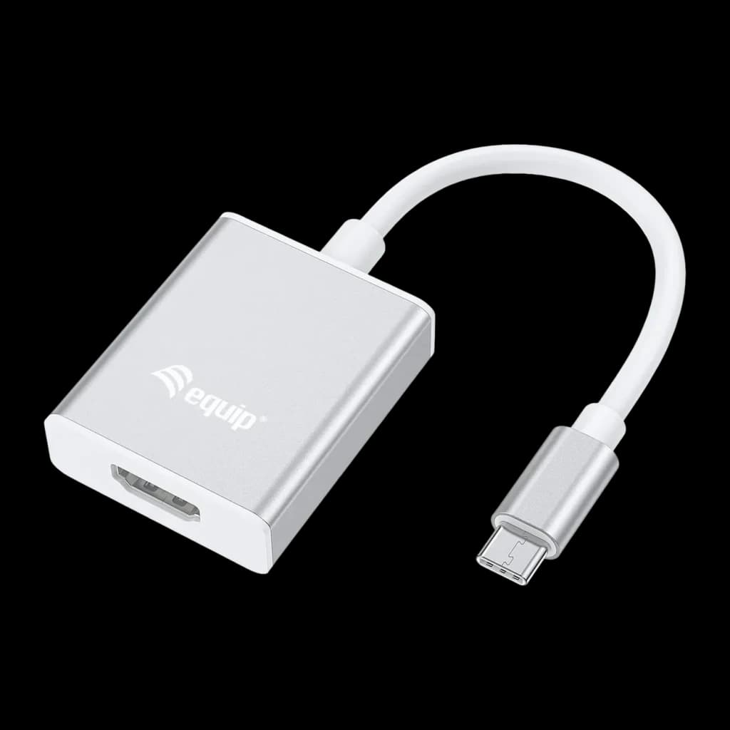 Adaptador Equip 133452 USB-C para HDMI 15cm 4K 3840x2160 Prata, vista frontal: corpo alumínio prateado com logo Equip, porta