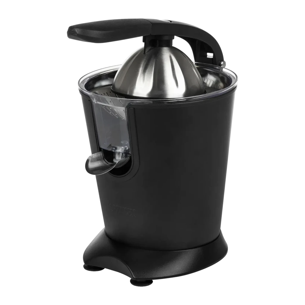 Exprimidor Princess 160W Cono doble rotación Acero Inoxidable 201853, vista frontal: cuerpo negro, cono inox y palanca negra