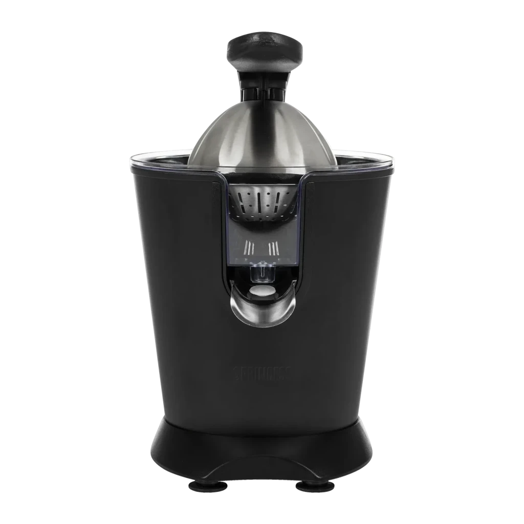 Exprimidor Princess 160W Cono doble rotación Acero Inoxidable 201853, detalle frontal: filtro, válvula antigoteo y cono inox