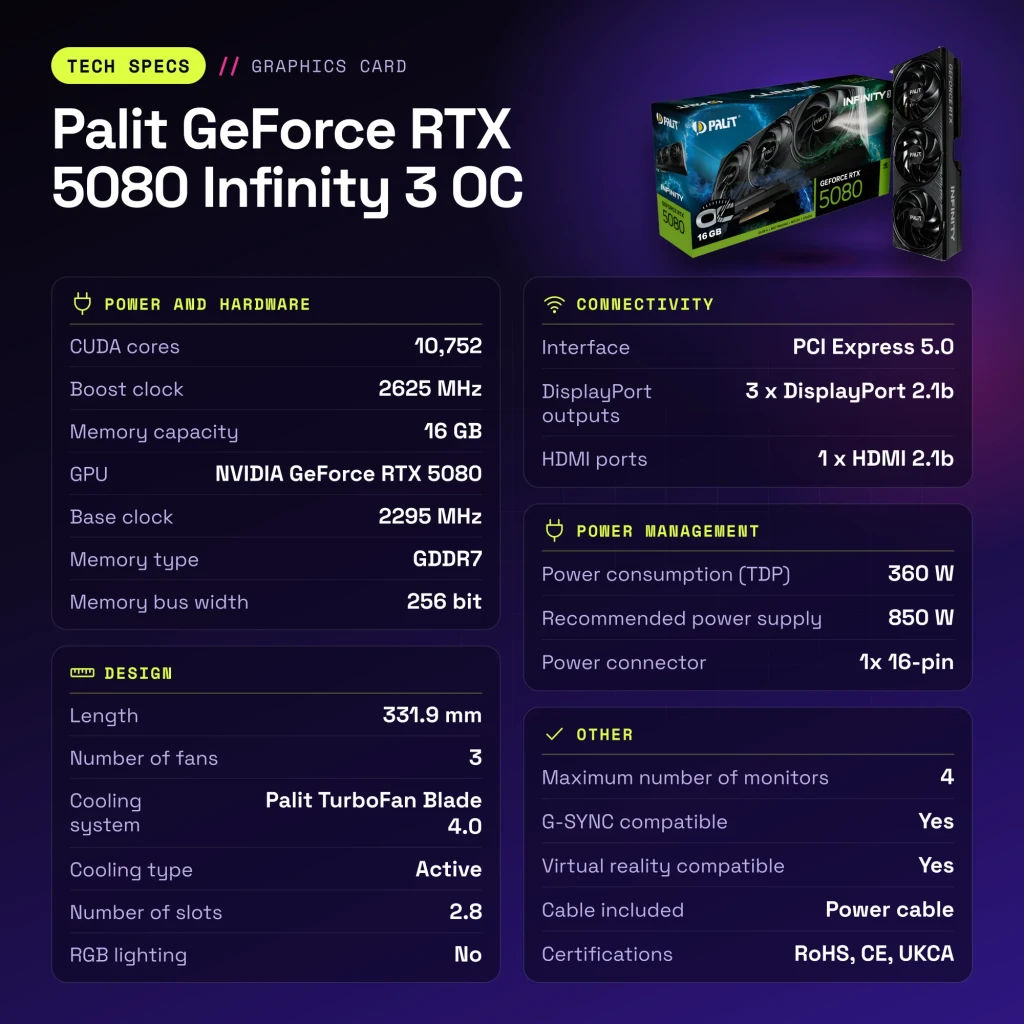 Palit GeForce RTX 5080 Infinity 3 OC 16GB GDDR7 - características