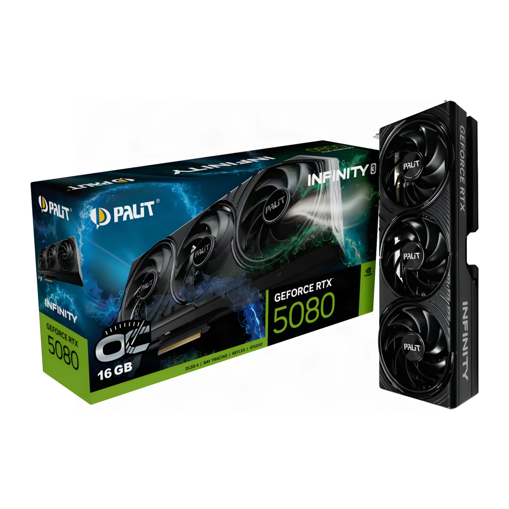 Palit GeForce RTX 5080 Infinity 3 OC 16GB GDDR7, conteúdo da caixa: placa gráfica preta com três ventoinhas e embalagem
