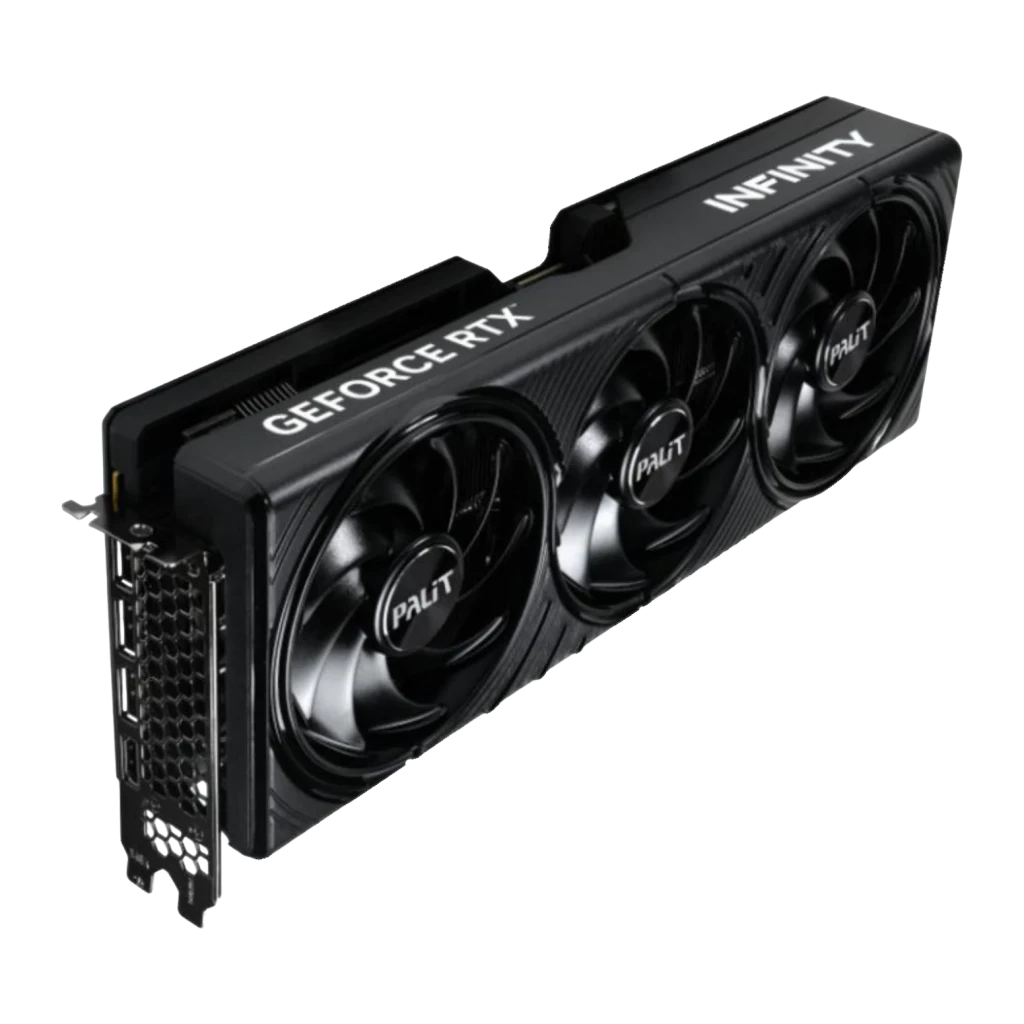 Palit GeForce RTX 5080 Infinity 3 OC 16GB GDDR7, vista frontal: três ventoinhas com logo Palit, shroud preto e texto