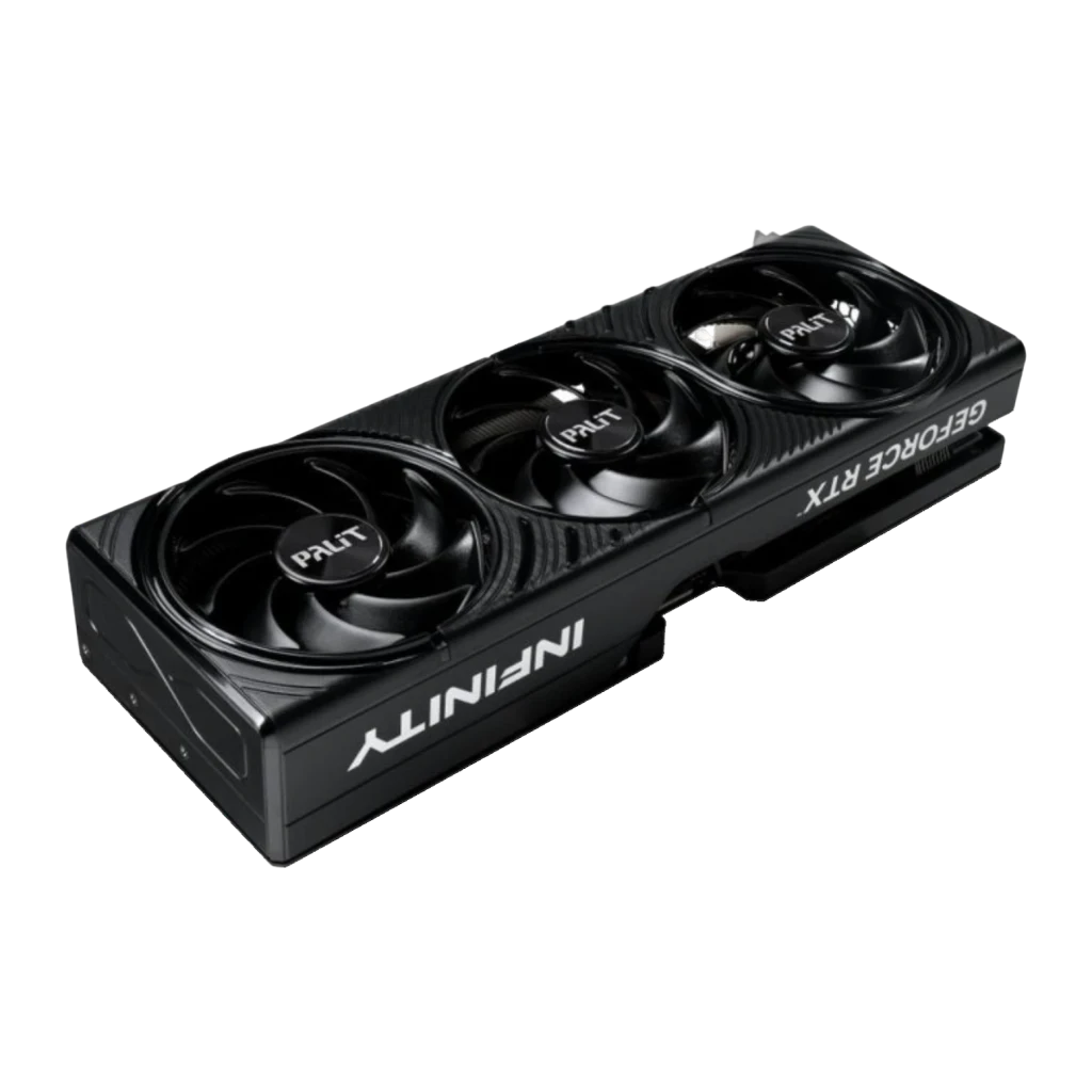 Palit GeForce RTX 5080 Infinity 3 OC 16GB GDDR7, detalhe: vista em perspectiva com três ventoinhas Palit e lateral com logo