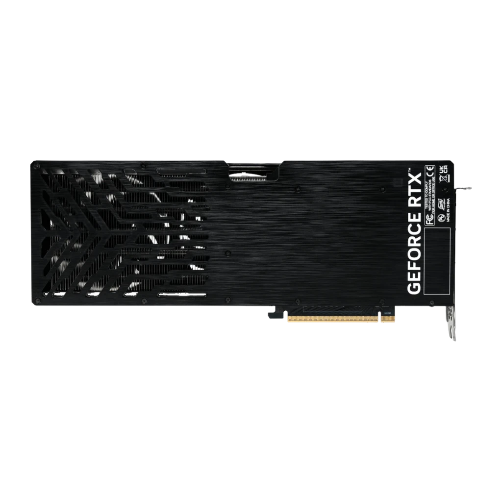 Palit GeForce RTX 5080 Infinity 3 OC 16GB GDDR7, vista traseira: backplate preto com padrão geométrico recortado e conector