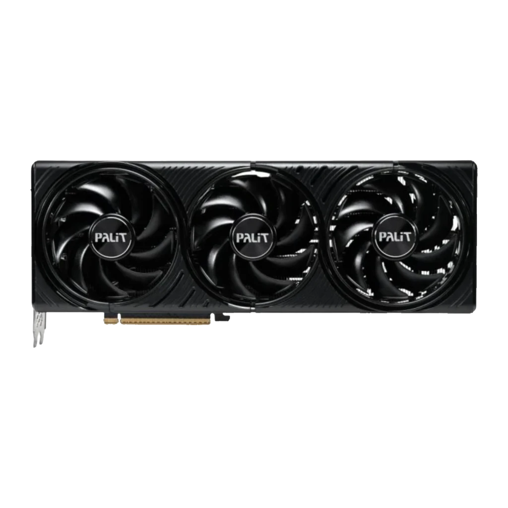 Palit GeForce RTX 5080 Infinity 3 OC 16GB GDDR7, detalhe frontal: três ventoinhas com logo Palit e cobertura preta