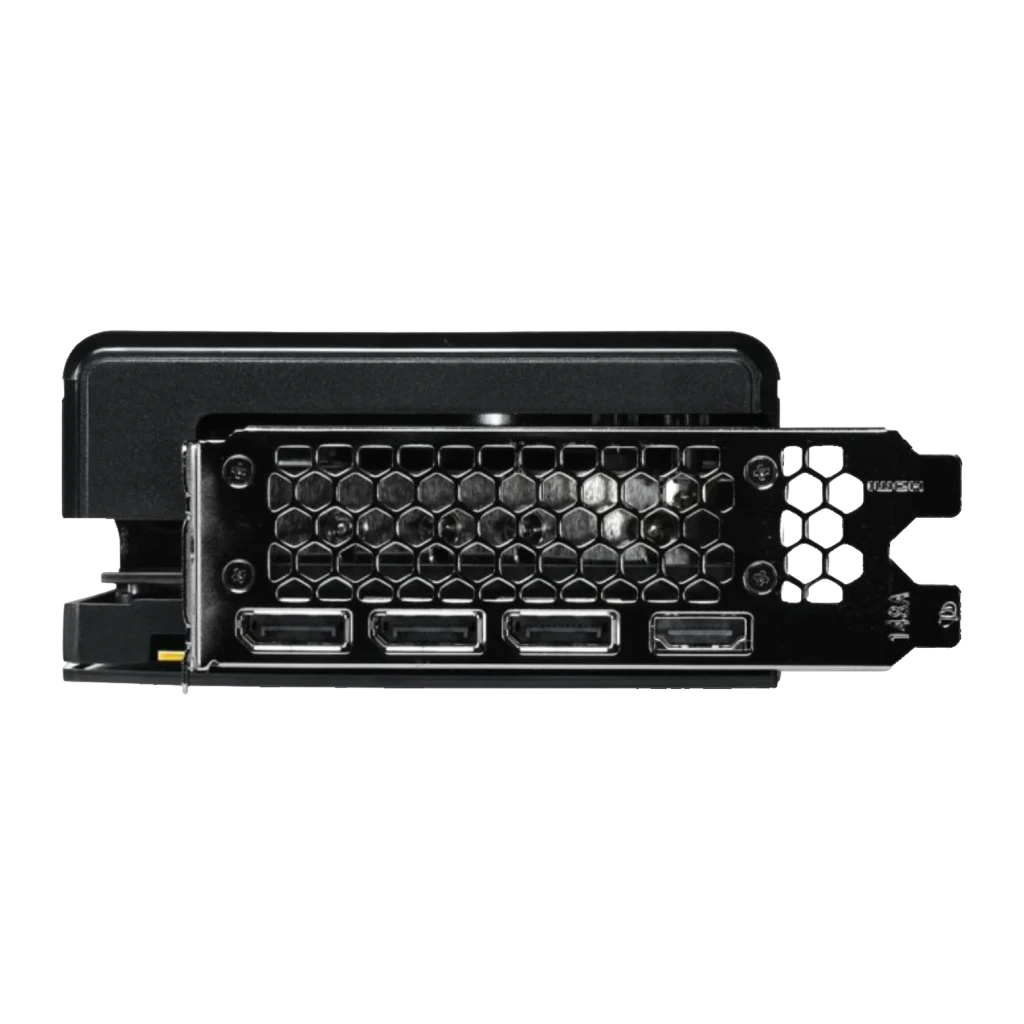 Palit GeForce RTX 5080 Infinity 3 OC 16GB GDDR7, detalhe: bracket traseiro com grelha hexagonal e 3 portas DisplayPort mais