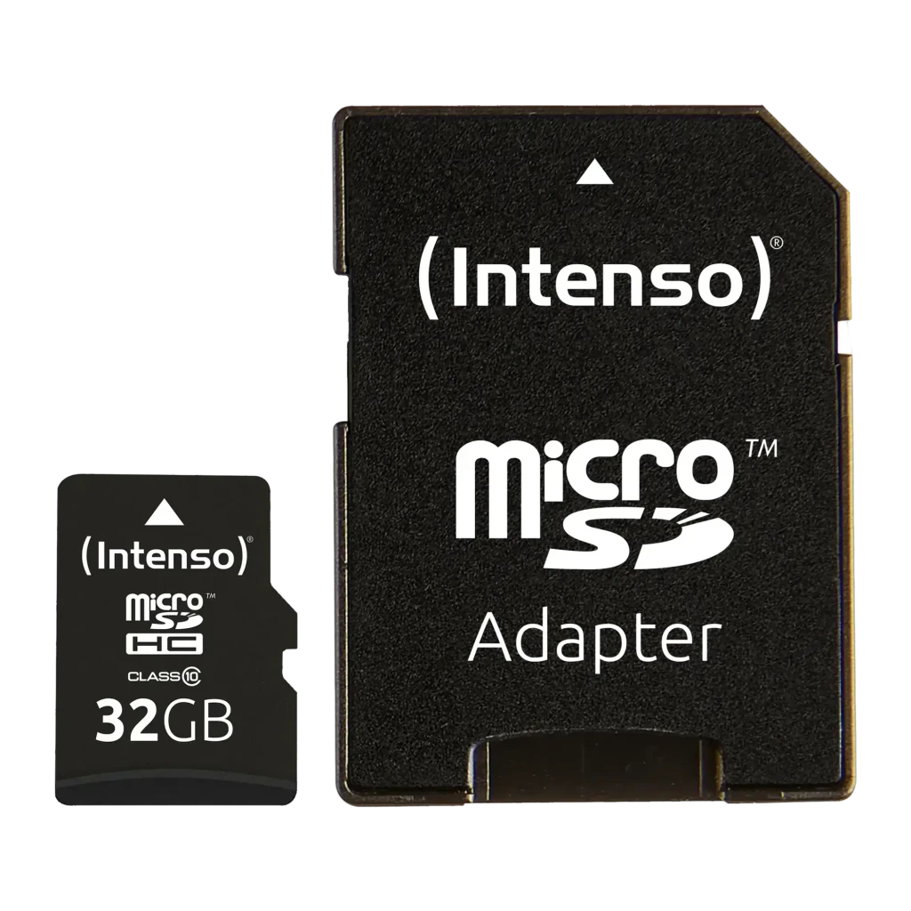 Tarjeta microSD Intenso microSDHC Class 10 32GB Clase 10 Negro, vista frontal: tarjeta y adaptador SD negros con logo Intenso