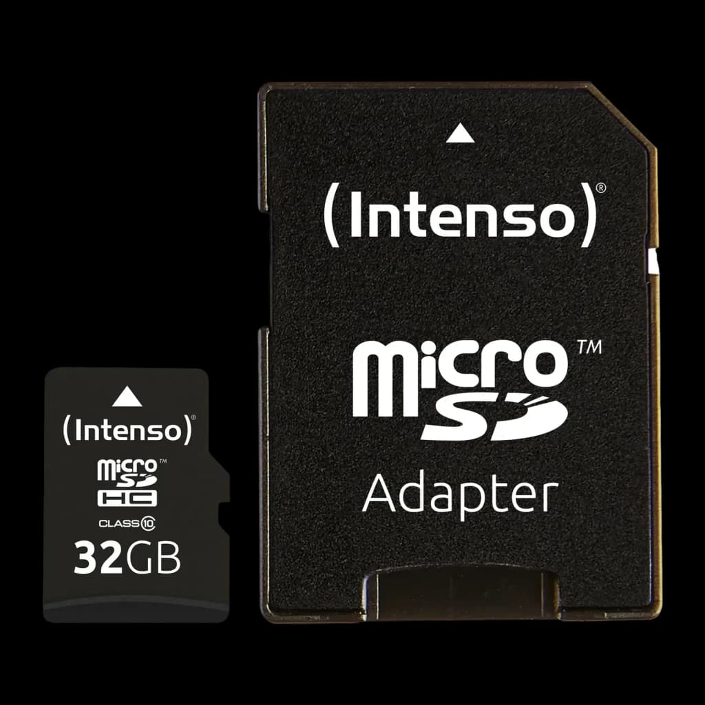 Tarjeta microSD Intenso microSDHC Class 10 32GB Clase 10 Negro, vista frontal: tarjeta y adaptador SD negros con logo Intenso