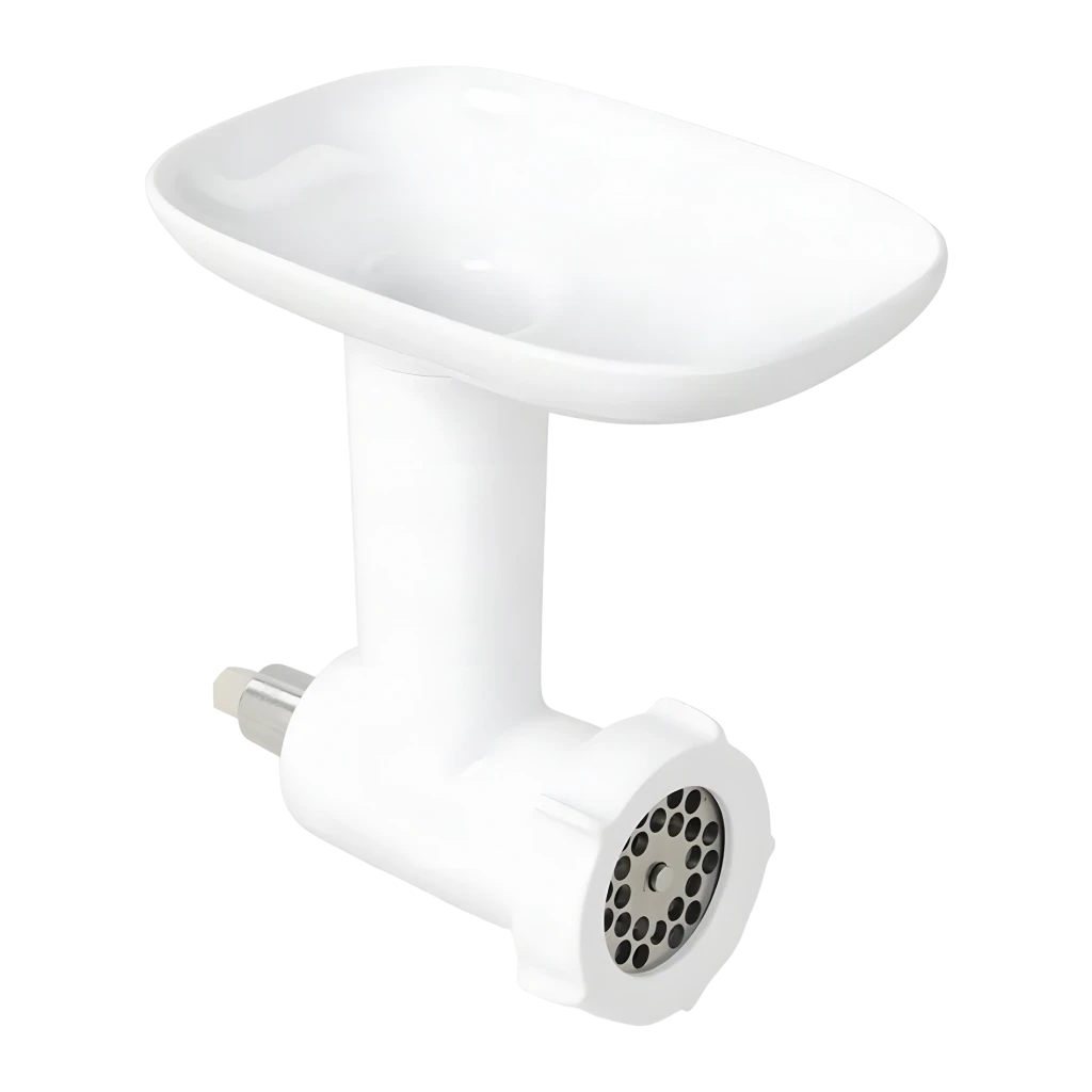 Picador de carne KitchenAid Blanco 5KSMFGA, vista frontal: bandeja de alimentación, cuerpo blanco y disco perforado de acero