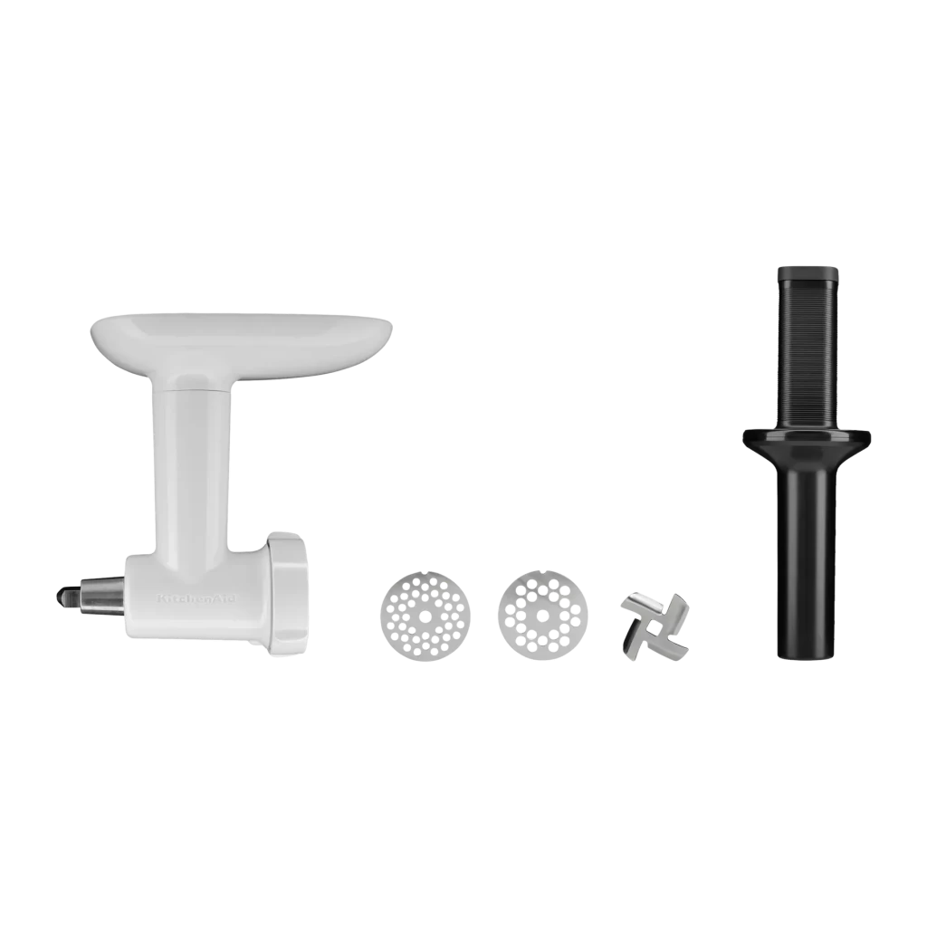 Picador de carne KitchenAid Blanco 5KSMFGA, detalle: cuerpo blanco, dos discos perforados, cuchilla en cruz y émbolo negro