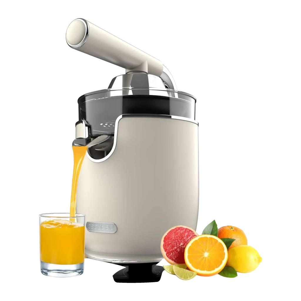 Exprimidor Cecotec Xqueeze RetroJuice 1000 1000W Con contenedor de jugo Beige, vista frontal: zumo cayendo en vaso