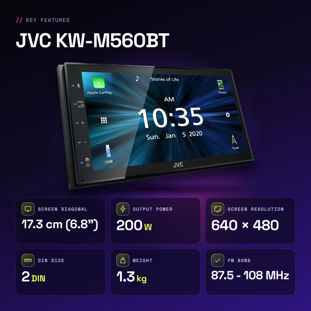 Autoradio JVC Noir CarPlay Android Auto 6,8 pouces Tactile KW-M560BT - caractéristiques