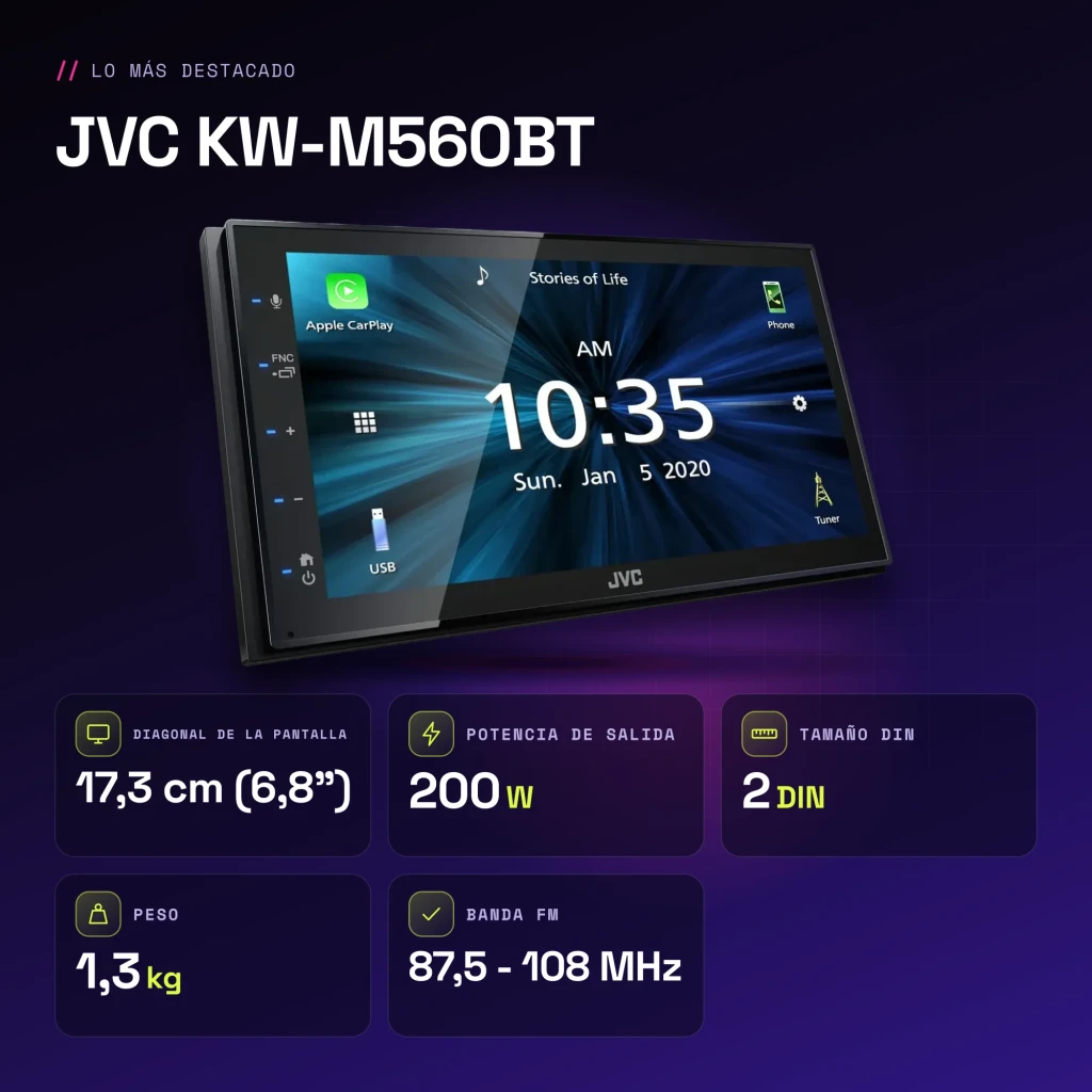 Autoradio JVC Noir CarPlay Android Auto 6,8 pouces Tactile KW-M560BT - caractéristiques