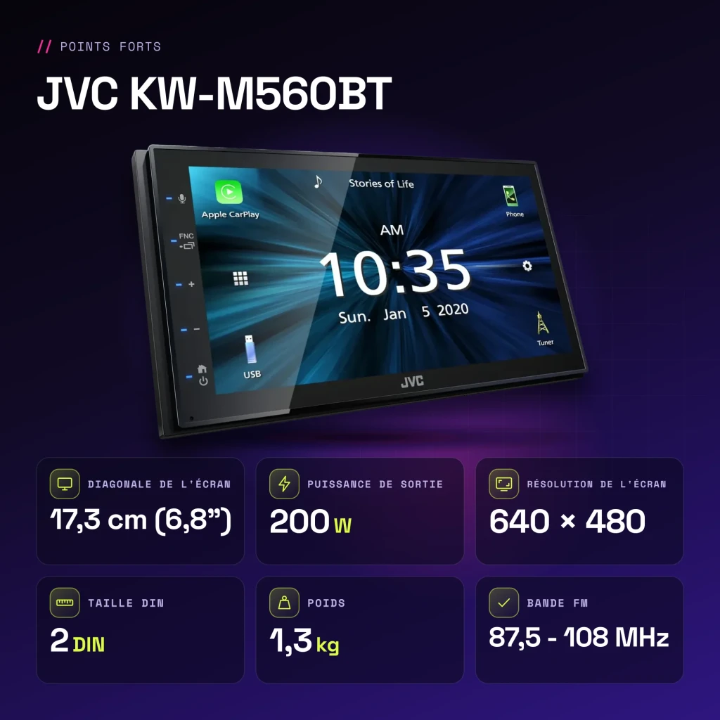Autoradio JVC Noir CarPlay Android Auto 6,8 pouces Tactile KW-M560BT - caractéristiques
