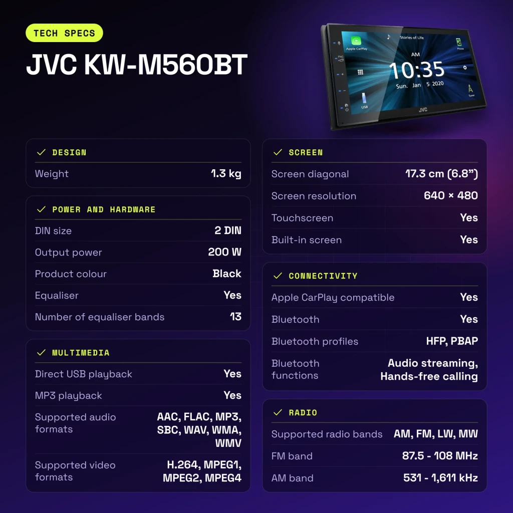 Autoradio JVC Noir CarPlay Android Auto 6,8 pouces Tactile KW-M560BT - caractéristiques