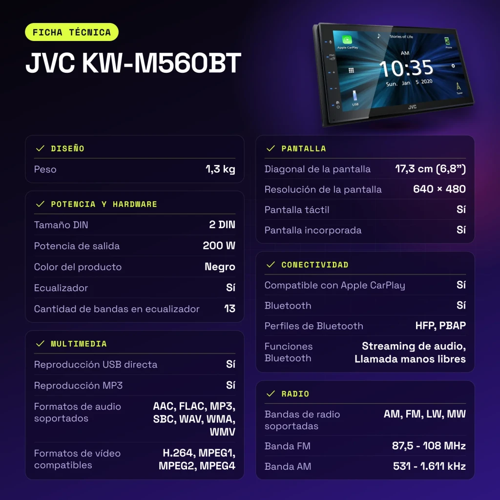 Autoradio JVC Noir CarPlay Android Auto 6,8 pouces Tactile KW-M560BT - caractéristiques