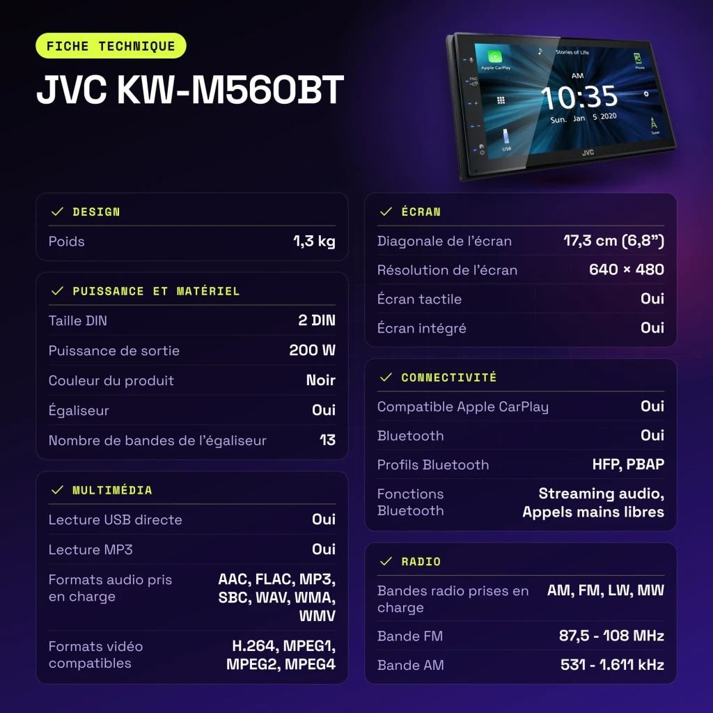 Autoradio JVC Noir CarPlay Android Auto 6,8 pouces Tactile KW-M560BT - caractéristiques