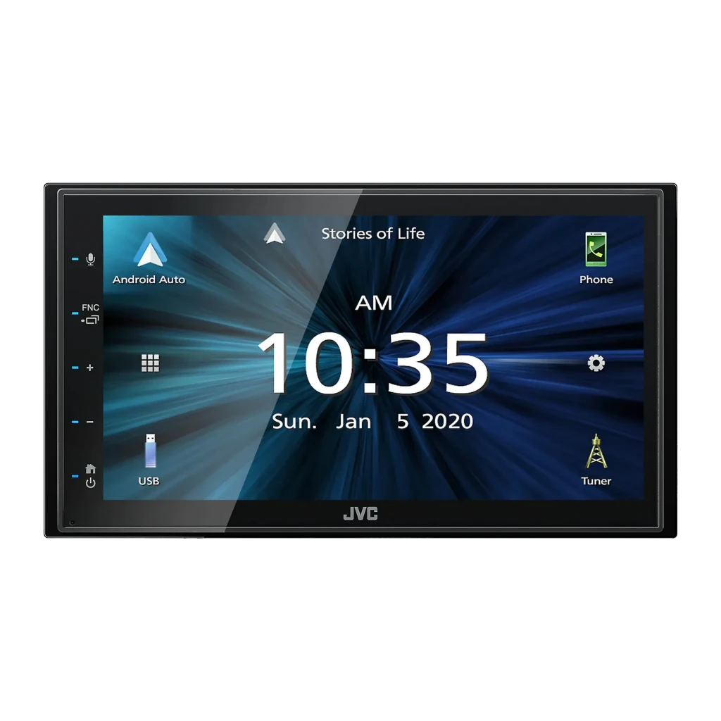 Autoradio JVC Noir CarPlay 6,8 pouces Tactile KW-M560BT, détail: écran allumé avec menu Android Auto, horloge et raccourcis
