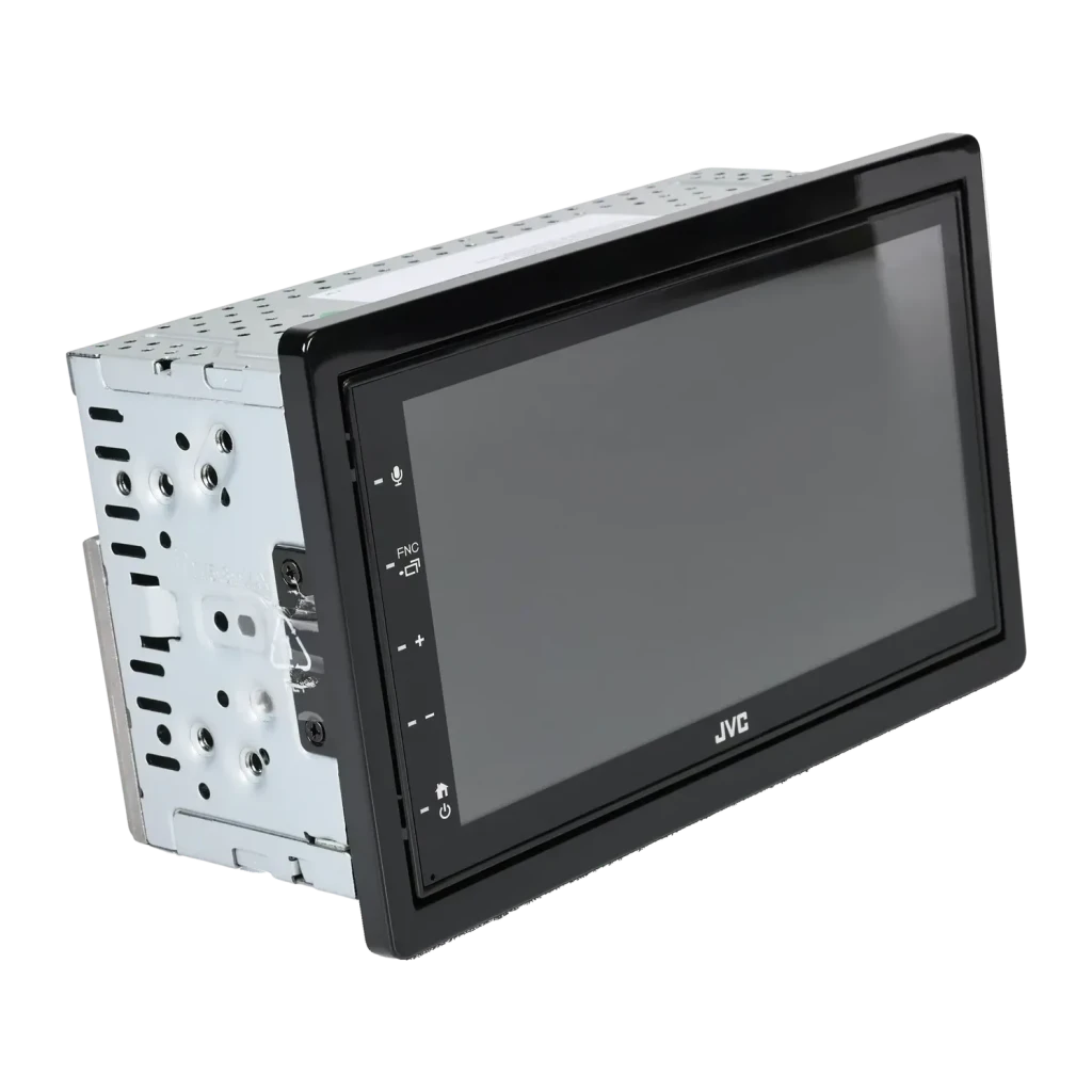 Autoradio JVC Noir CarPlay 6,8 pouces Tactile KW-M560BT, détail: vue latérale avec châssis métallique et boutons tactiles