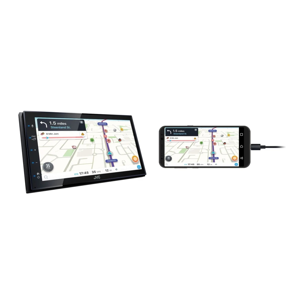 Autoradio JVC Noir CarPlay 6,8 pouces Tactile KW-M560BT, en utilisation: écran affichant Waze synchronisé avec smartphone