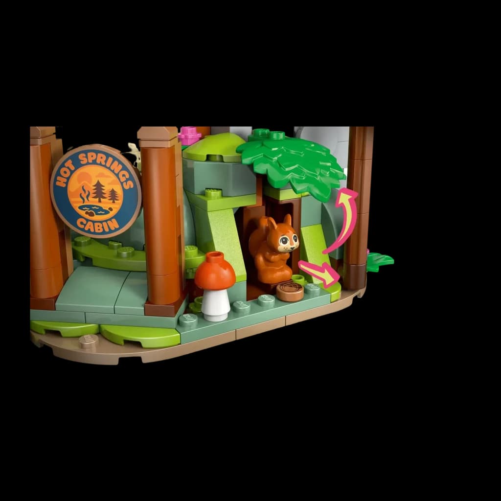 Set LEGO Friends 42705 Acogedora Cabaña Otoñal en el Bosque 1229 piezas A partir de 9 años, detalle: ardilla, seta y cartel