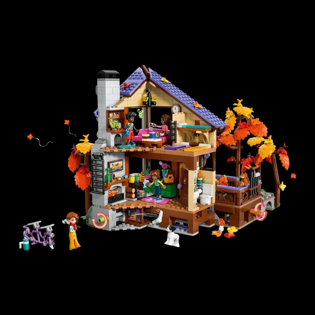 Set LEGO Friends 42705 Acogedora Cabaña Otoñal en el Bosque 1229 piezas A partir de 9 años, vista trasera: interior de dos