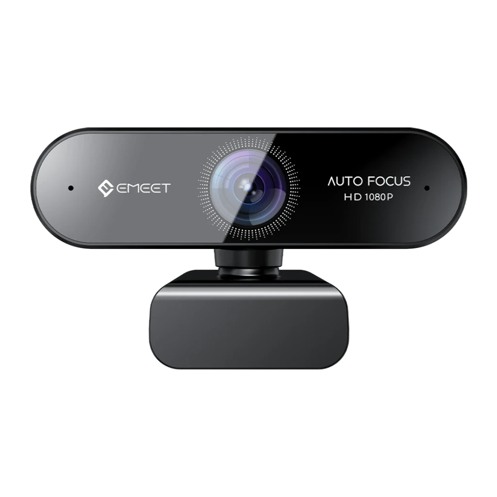 Webcam EMEET SmartCam Nova Full HD 1080p Noir, vue de face: objectif central avec anneau LED, logo EMEET et texte Auto Focus