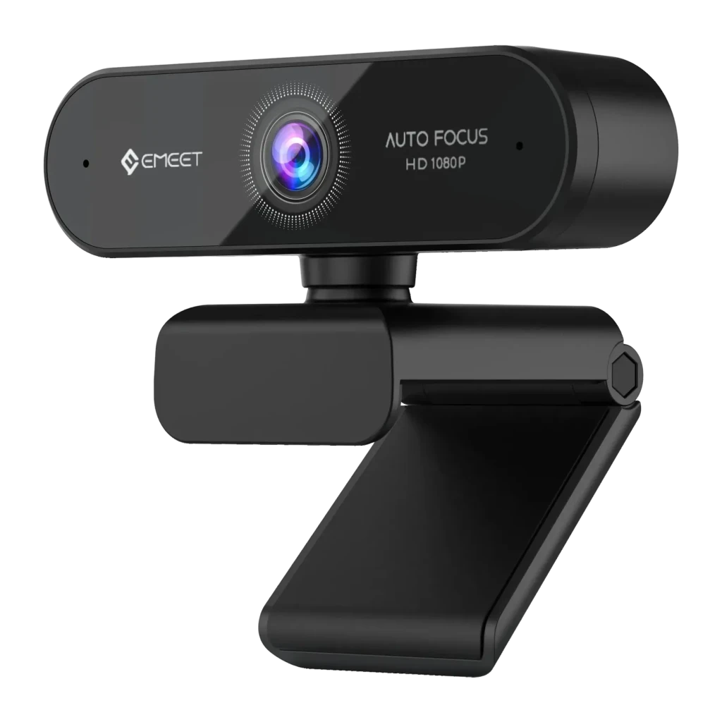 Webcam EMEET SmartCam Nova Full HD 1080p Noir, détail: objectif avec bague autofocus et inscription AUTO FOCUS HD 1080P