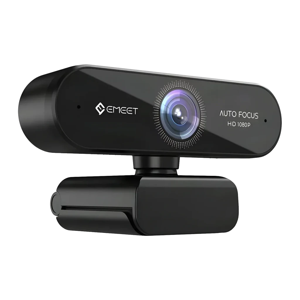 Webcam EMEET SmartCam Nova Full HD 1080p Noir, détail: objectif avec anneau LED, logo EMEET et texte Auto Focus HD 1080p