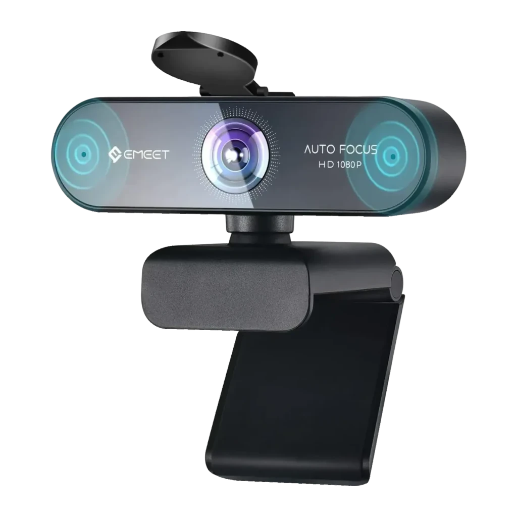 Webcam EMEET SmartCam Nova Full HD 1080p Noir, détail: objectif central autofocus, microphones latéraux éclairés en bleu