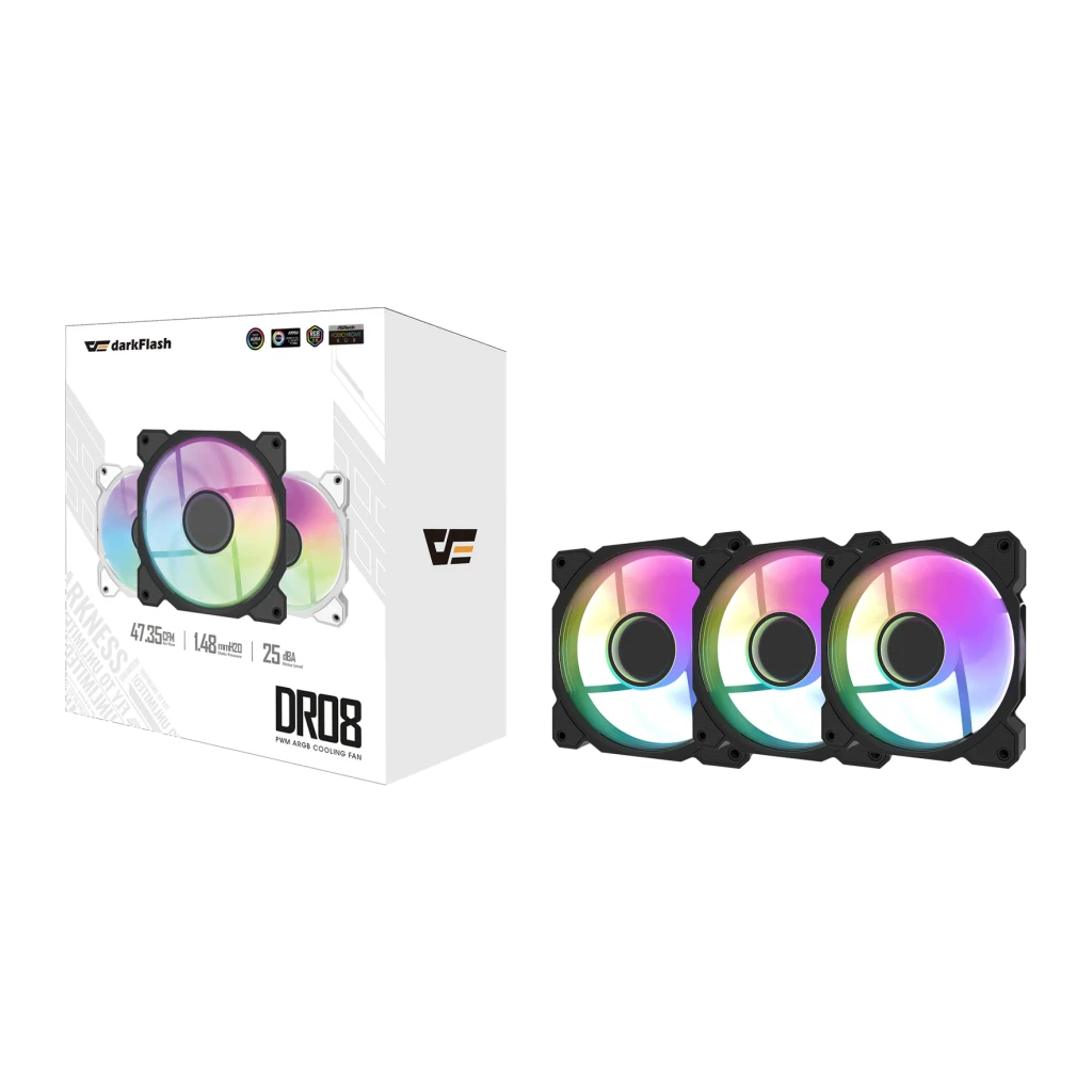 Ventilador para pc Darkflash DR08 PWM ARGB 120mm Pack 3 59,1 CFM 30 dBA Negro, contenido de la caja: caja retail y 3