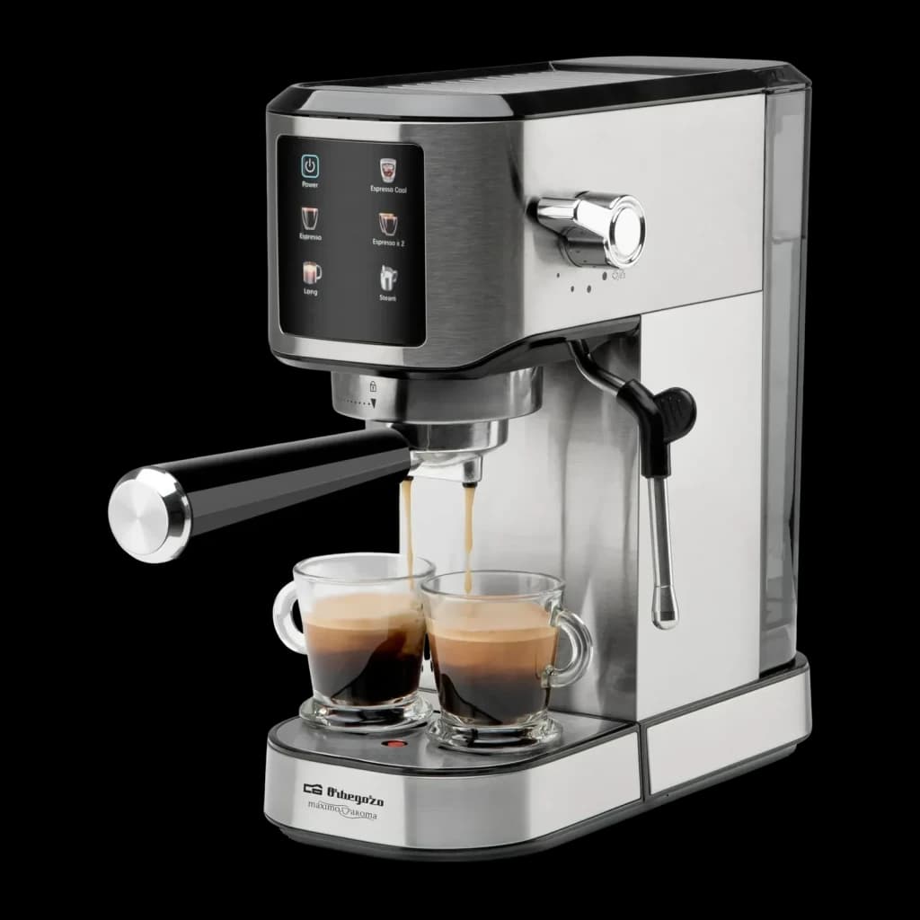 Machine à Expresso Orbegozo 1L Buse Vapeur 20bar Acier Inoxydable EX 7000, vue de face: panneau tactile, porte-filtre double