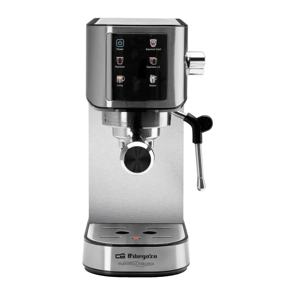 Machine à Expresso Orbegozo 1L Buse Vapeur 20bar Acier Inoxydable EX 7000, détail face: panneau tactile 6 programmes