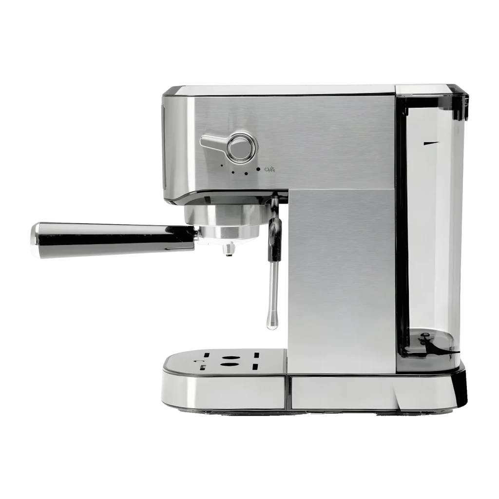 Machine à Expresso Orbegozo 1L Buse Vapeur 20bar Acier Inoxydable EX 7000, détail latéral: porte-filtre, buse vapeur