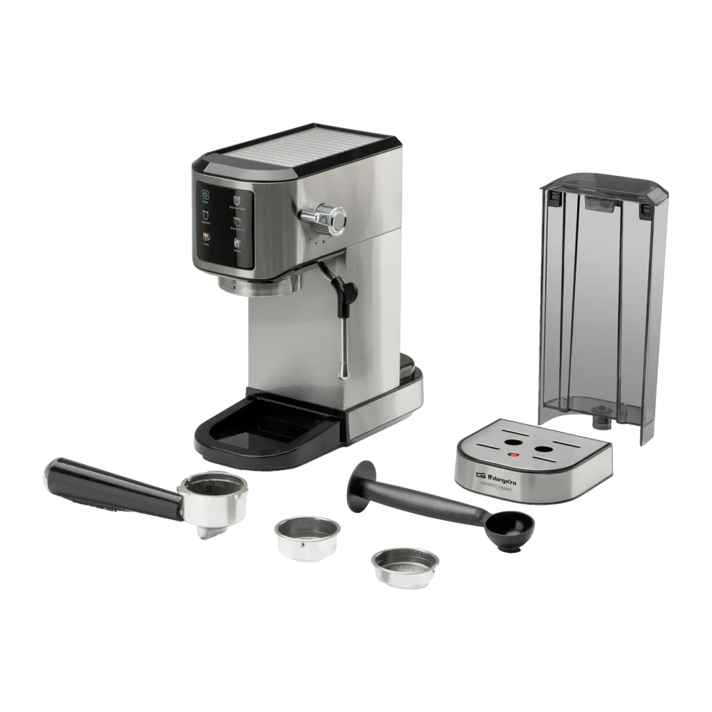 Machine à Expresso Orbegozo 1L Buse Vapeur 20bar Acier Inoxydable EX 7000, détail: accessoires déployés porte-filtre filtres