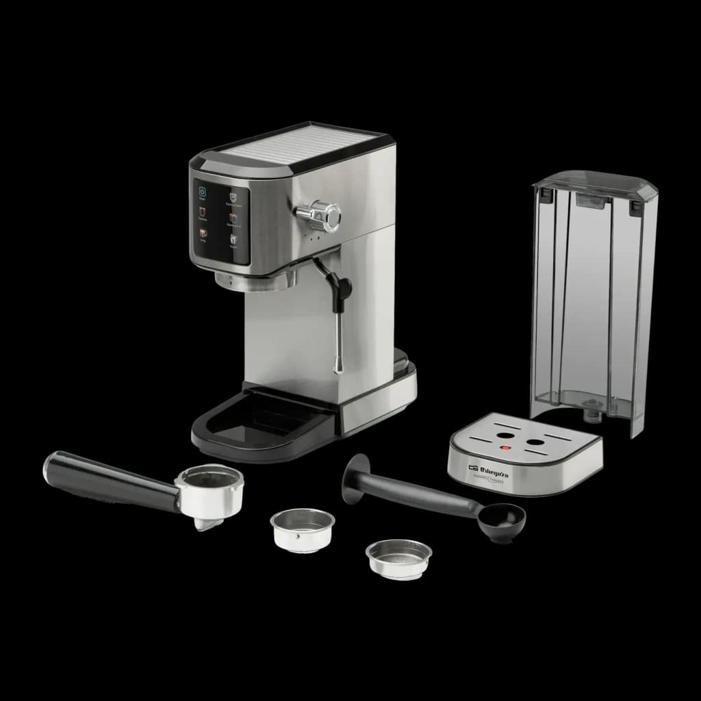 Machine à Expresso Orbegozo 1L Buse Vapeur 20bar Acier Inoxydable EX 7000, détail: accessoires déployés porte-filtre filtres