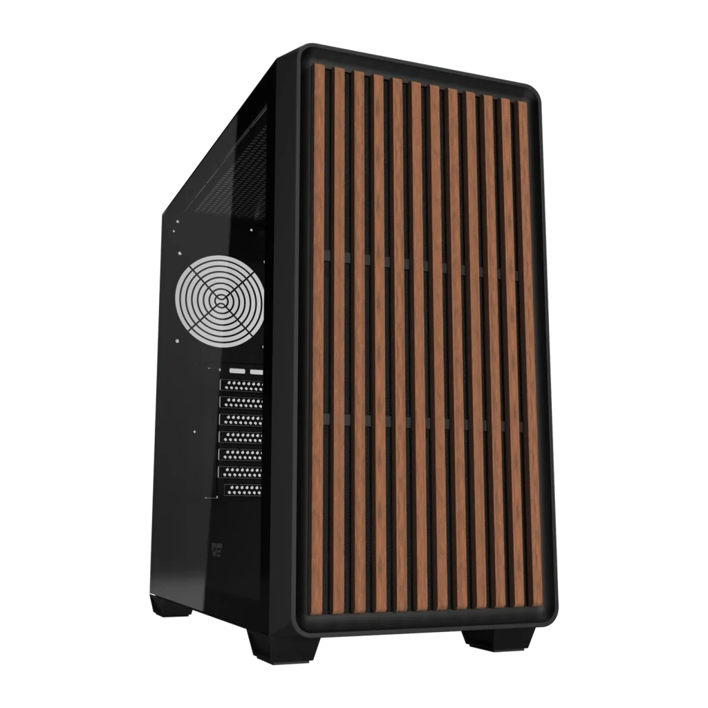 Caja PC Darkflash Cristal Templado ATX 360mm Radiador Negro DS900WD, detalle: panel frontal con listones de madera y lateral