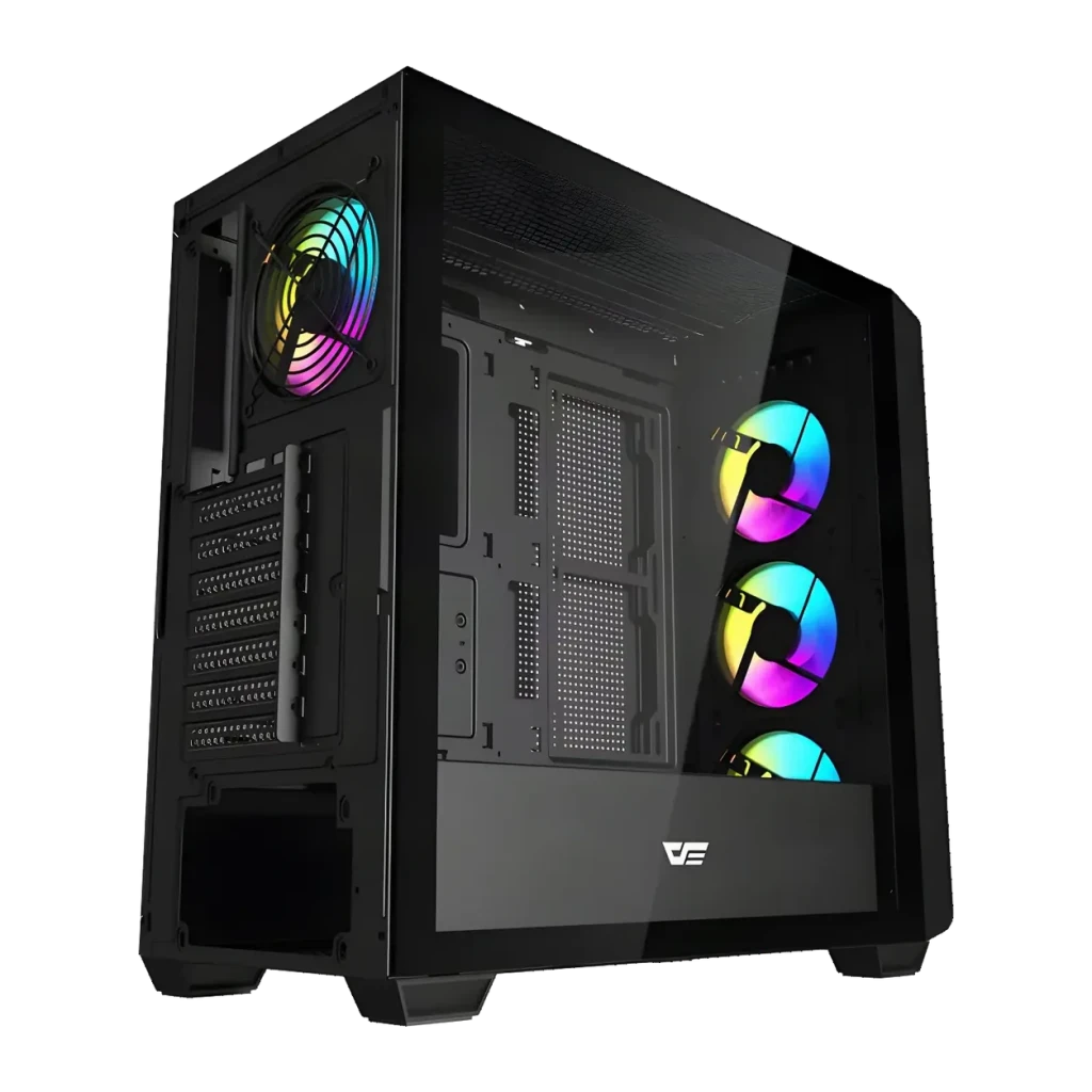 Caja PC Darkflash Cristal Templado ATX 360mm Radiador Negro DS900WD, vista trasera: 3 ventiladores RGB laterales y panel