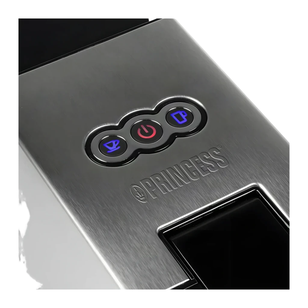 Cafetière à capsules Princess 0,8L 19bar 1450W Argent 249451, détail: panneau supérieur avec 3 boutons lumineux et logo