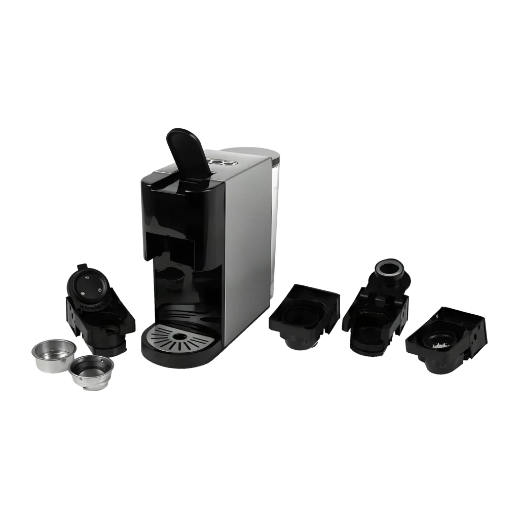 Cafetière à capsules Princess 0,8L 19bar 1450W Argent 249451, détail: adaptateurs et porte-filtres compatibles disposés