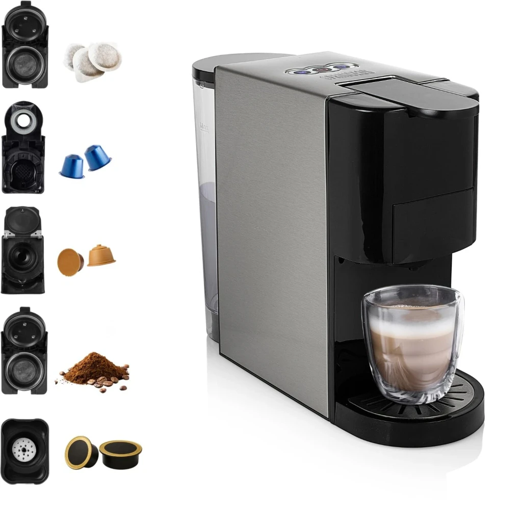 Cafetière à capsules Princess 0,8L 19bar 1450W Argent 249451, côté: 5 adaptateurs compatibles et verre avec café