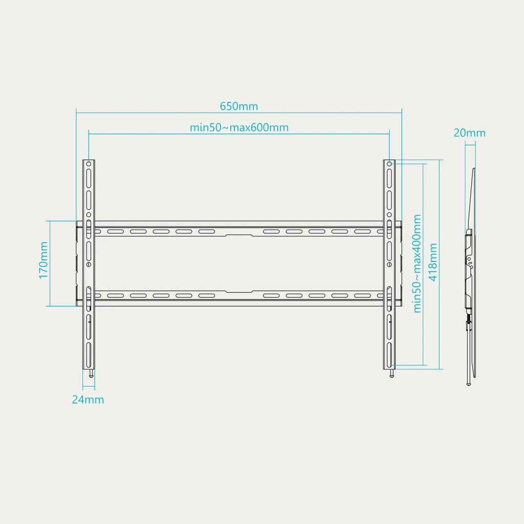 Soporte TV TooQ Negro Fijo 37-80 pulgadas VESA 600x400 LP1080F-B, diagrama técnico: cotas frontales y laterales 650mm ancho