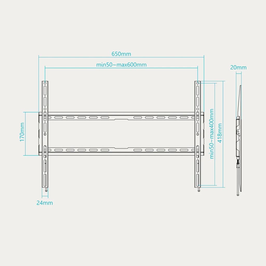 Soporte TV TooQ Negro Fijo 37-80 pulgadas VESA 600x400 LP1080F-B, diagrama técnico: cotas frontales y laterales 650mm ancho